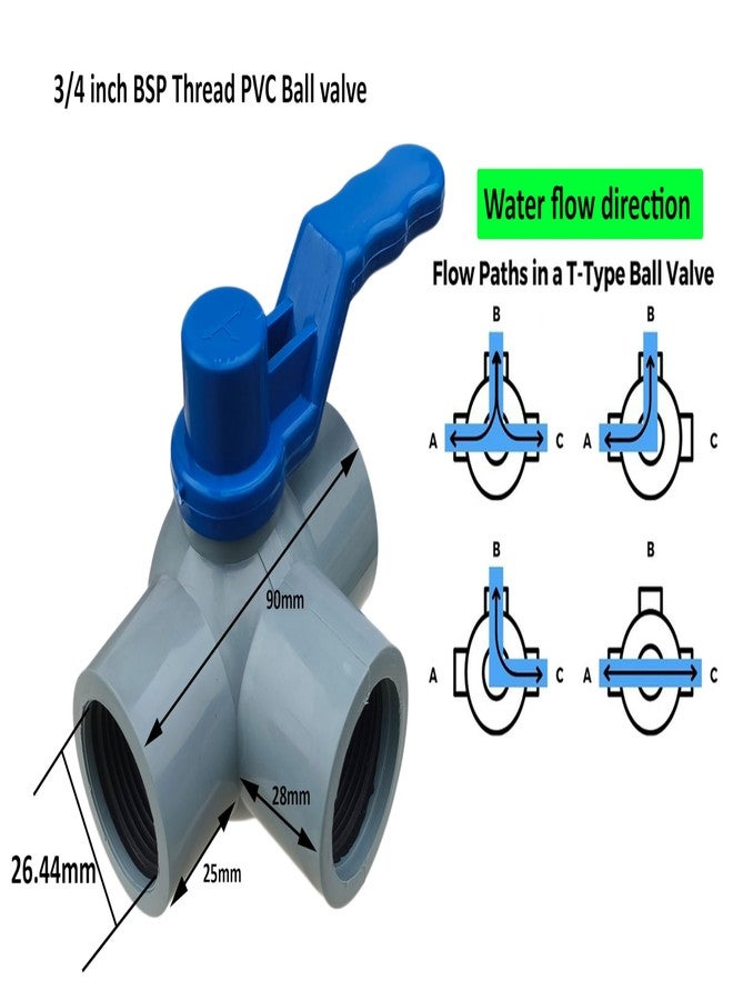 ES EKSAFAR ESEKSAFAR 2pc T-Way Female PVC BSP Thread Ball Valve 3/4 inch (20mm) for 26.44mm outer diameter pipe fitting - Image 5